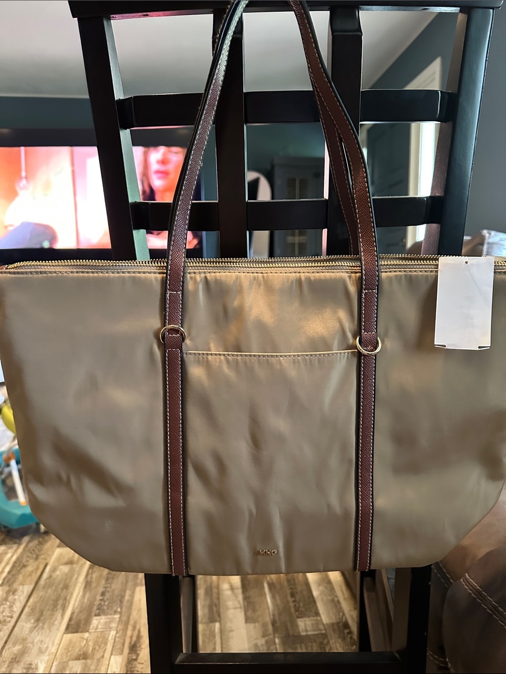 Mango Taupe Tote with Brown Straps and Gold Accents